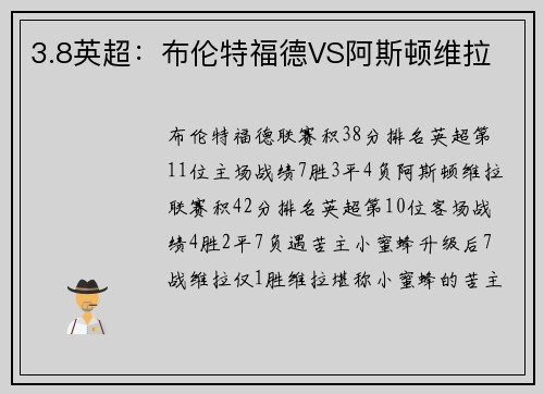 3.8英超：布伦特福德VS阿斯顿维拉